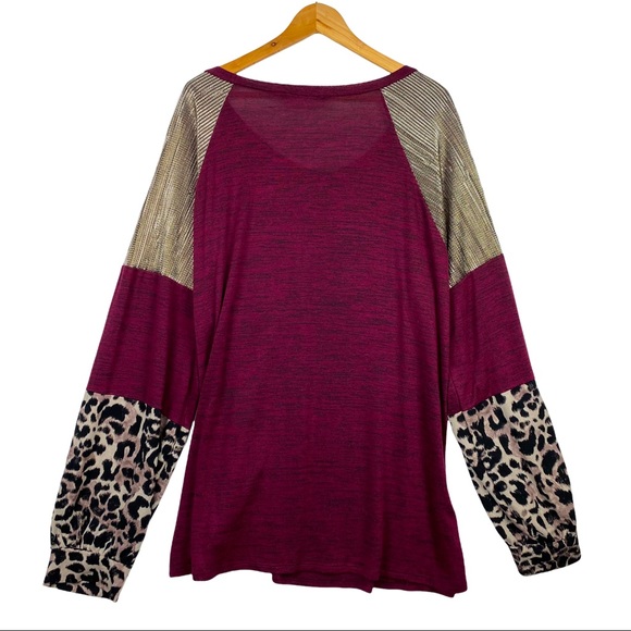 Haptics Animal Print Burgundy Balloon Sleeve Metallic Stretchy Lightweight Top - Picture 2 of 7